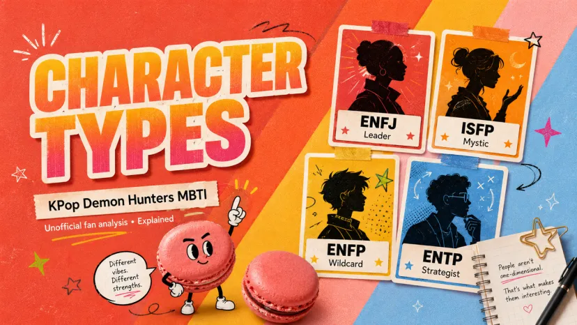 Title graphic for kpop demon hunters mbti character types, showing ENFJ, ISFP, ENFP, and ENTP fan analysis.