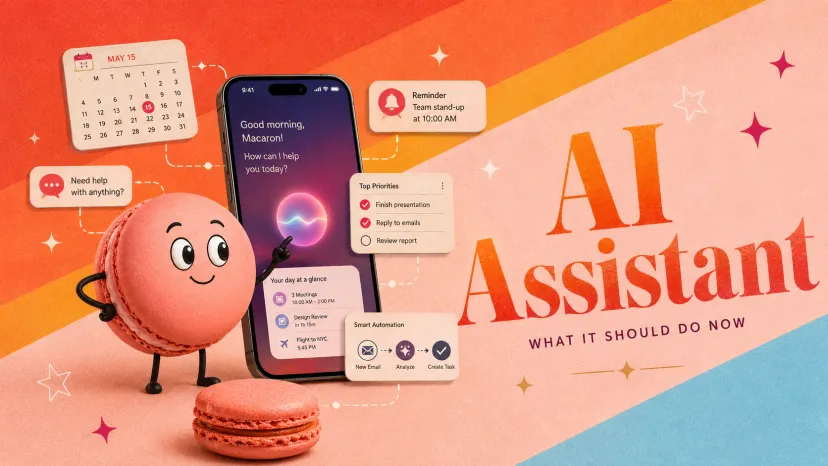 AI Personal Digital Assistant Dashboard with Smart Features Cute pink Macaron character standing next to a smartphone showing an intelligent personal digital assistant interface with calendar, reminders, tasks, and smart automation features.