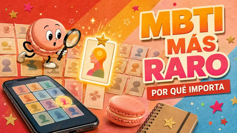 Ilustración de un macaron descubriendo el tipo de MBTI más raro en su celular, explicando por qué importa.