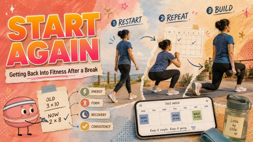 Start Again: A Guide to Getting Back into Fitness Graphic showing a woman getting back into fitness with steps to restart, repeat, and build a workout routine.