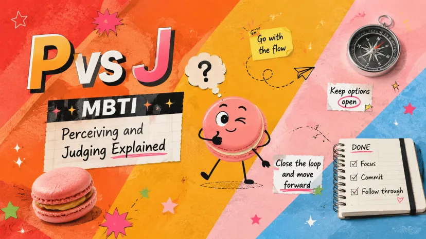 P vs J MBTI Perceiving and Judging Explained Banner Colorful banner illustrating differences between mbti perceiving vs judging lifestyle choices.