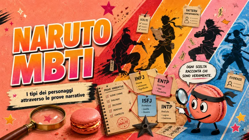 Copertina sull'analisi MBTI dei personaggi di Naruto con lavagna di indizi e macaron ninja