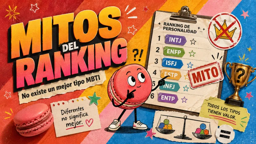 Banner promocional con un personaje de macarrón señalando una portapapeles con un ranking falso de MBTI y un sello de mito.