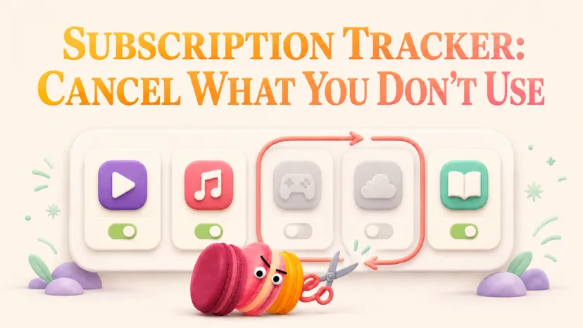 Macaron character using scissors next to application toggle switches, acting as a visual subscription tracker.