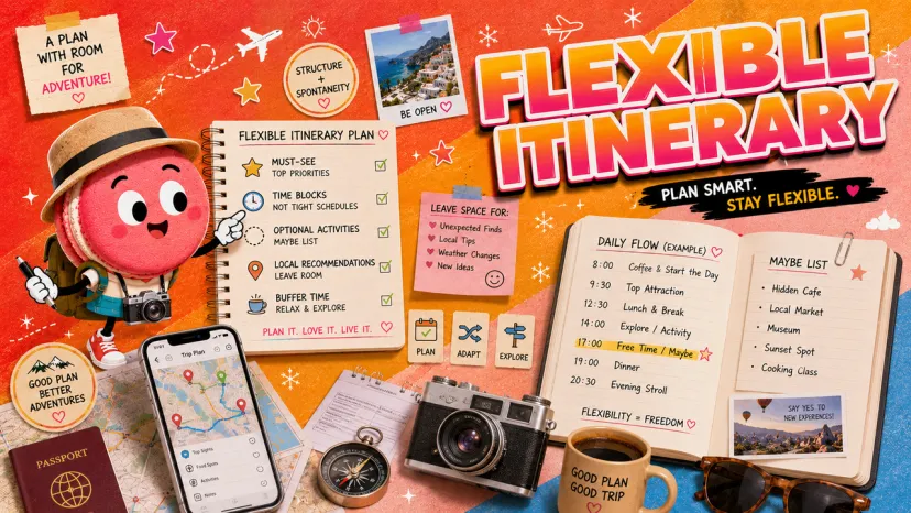 Infographic showing how to make a travel itinerary with balance. Includes a cartoon macaroon guide, a daily schedule planner, and a phone map.