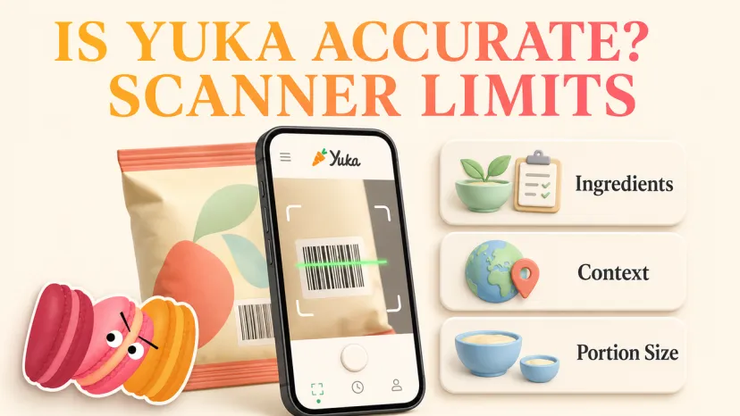 A smartphone scanning a barcode next to indicators for ingredients and portion size, questioning is yuka accurate.