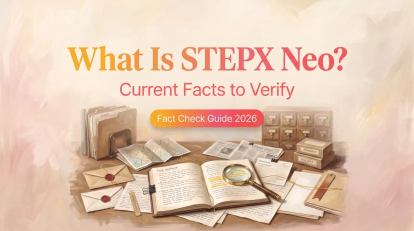 What Is STEPX Neo? Fact Check Guide 2026 A desktop scene with documents and magnifying glass illustrating a fact-check guide for the STEPX Neo device in 2026.
