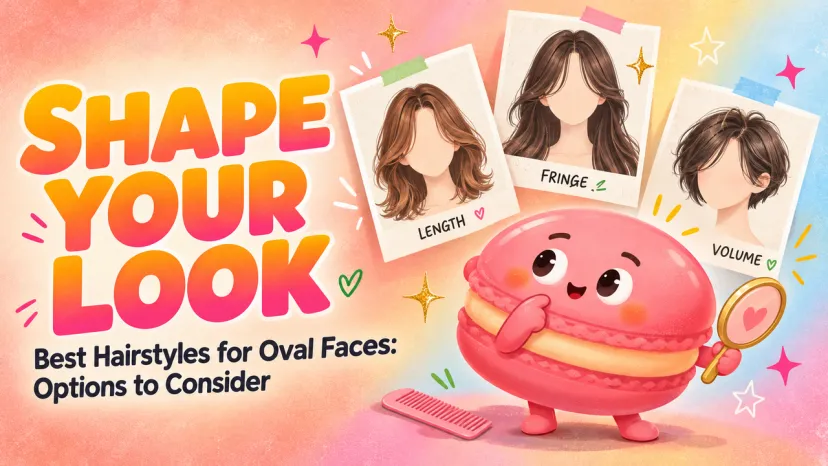 Shape Your Look: Best Hairstyles for Oval Faces Pink macaron character holding a mirror next to frame options for the best hairstyles for oval faces.