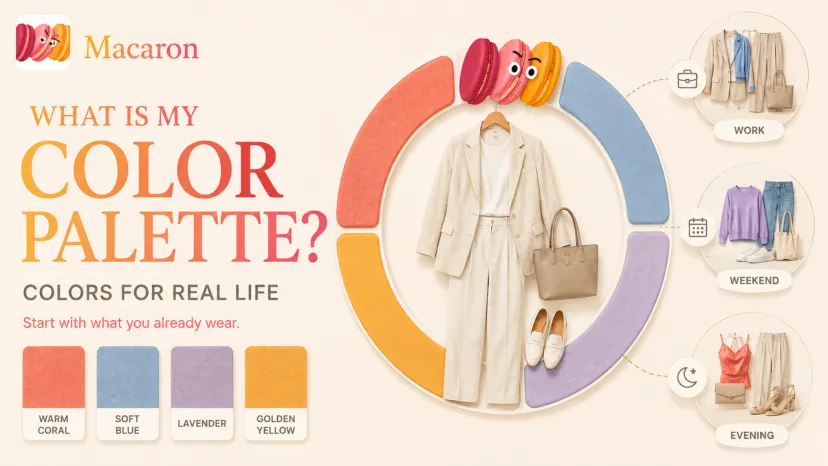 A banner asking what is my color palette, showing outfits for work, weekend, and evening next to a color wheel.