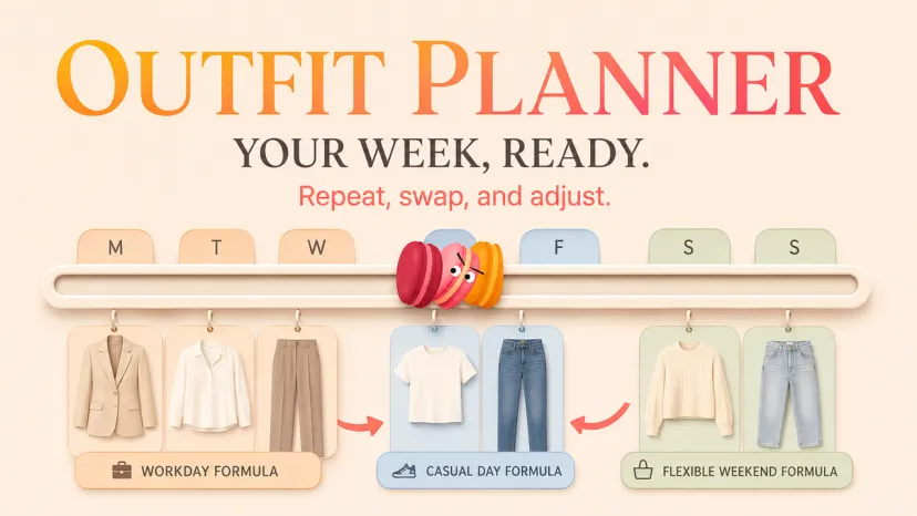 Visual guide for a weekly outfit planner showing workday, casual, and weekend formulas to organize your wardrobe.