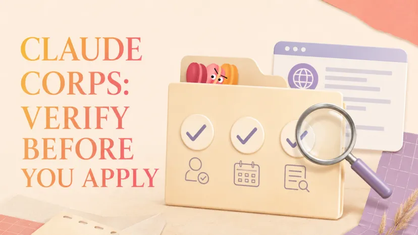 Claude Corps Application Checklist Guide Guide on Claude Corps requirements featuring a folder, checklist icons, and a magnifying glass.