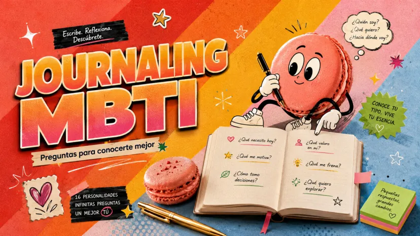 Infografía principal ilustrada con un personaje macarrón escribiendo en un diario abierto rodeado de preguntas de autorreflexión y notas adhesivas.