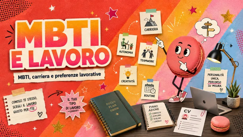 MBTI e Lavoro: Guida a Carriera e Preferenze Lavorative Grafica sul test MBTI e lavoro con spunti su carriera, autonomia e stile lavorativo.