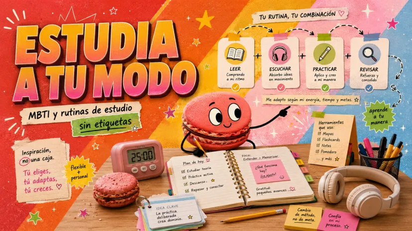 Estudia a tu modo: MBTI y rutinas de estudio sin etiquetas Infografía sobre adaptar rutinas de estudio combinando lectura, escucha, práctica y revisión sin encasillarse en etiquetas rígidas del MBTI.