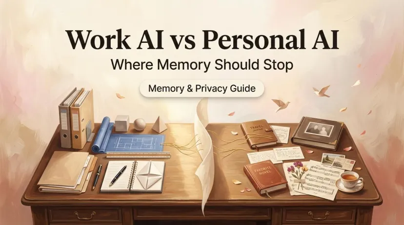 Work AI vs Personal AI Boundary Guide | Data Privacy for Teams Illustration of split desk dividing work and personal life to discuss memory boundaries of AI agents in Slack.