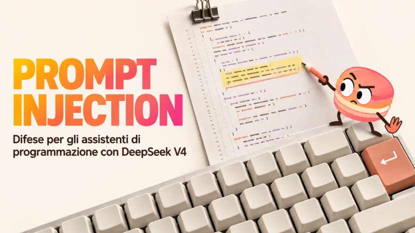 Illustrazione di un attacco DeepSeek V4 prompt injection tramite codice su tastiera.