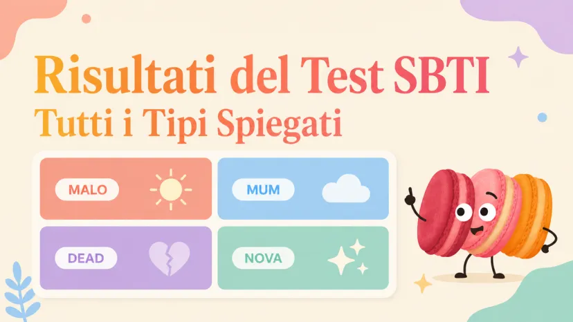 Immagine di copertina per i risultati del Test SBTI con diversi tipi di personalità e macaron illustrati.