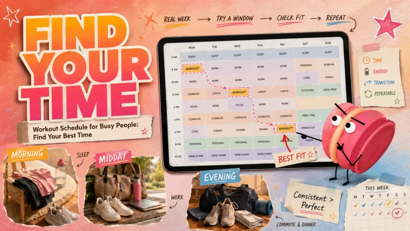 Optimize Your Weekly Routine: Finding a Workout Schedule for Busy People A creative collage helps finding the best workout schedule for busy people using a weekly calendar and visual prompts.