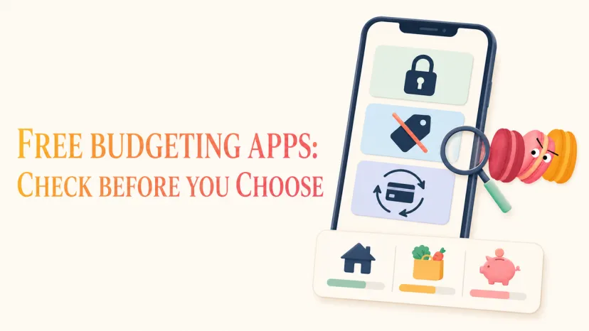 Looking for free budgeting apps? A smartphone displaying security, price tag, and card transaction icons.