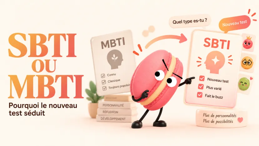 Comparaison entre les tests de personnalité SBTI et MBTI Macaron rose comparant les tests pour savoir choisir entre SBTI ou MBTI. Découvrez pourquoi le nouveau test séduit.