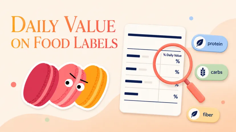 Macaron characters look at a nutrition sheet through a magnifying glass to check percent daily value.