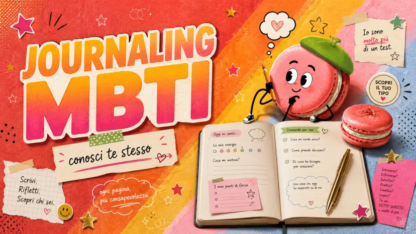 Copertina sul journaling MBTI con quaderno aperto e macarons per la consapevolezza di ogni tipo MBTI.