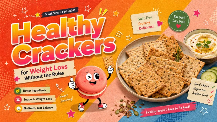 Healthy Crackers for Weight Loss Marketing Poster Vibrant poster featuring multiseed healthy crackers for weight loss with hummus, veggies, and cute character.
