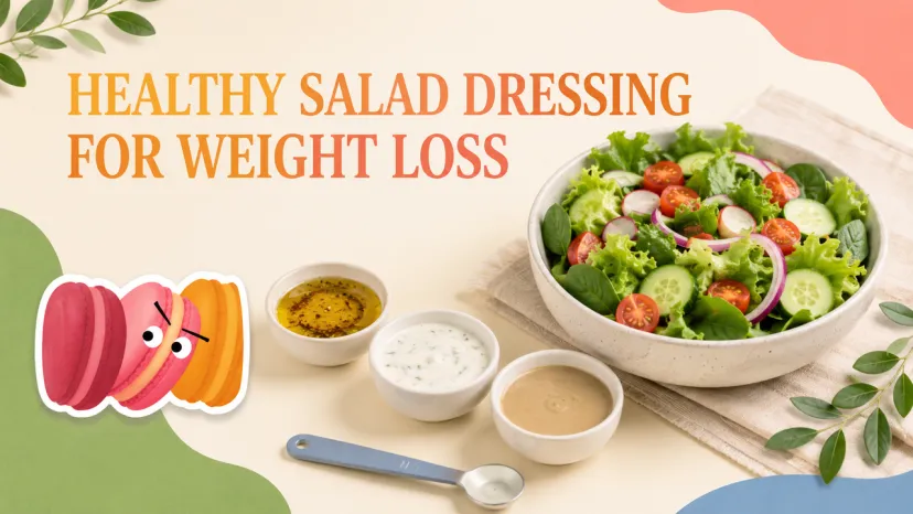 A fresh vegetable salad bowl surrounded by three low calorie bowls of healthy salad dressing for weight loss.