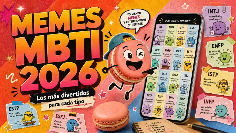 Memes MBTI 2026: Los más divertidos para cada tipo Infografía colorida con un macarrón personificado mostrando memes y frases graciosas para cada tipo de personalidad MBTI.