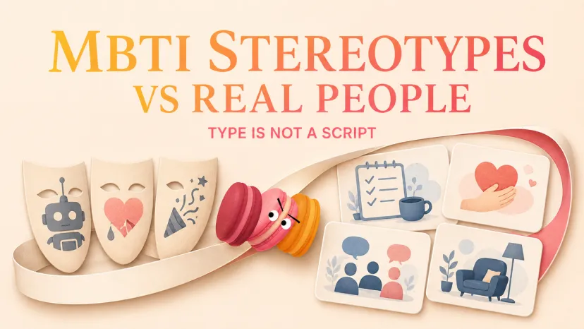 MBTI Stereotypes vs Real People and Real Behavior MBTI stereotypes graphic contrasting fixed personality masks with real-life behavior across work, care, and social contexts.