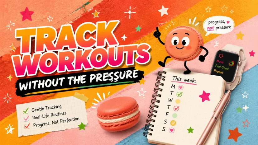 Gentle Ways to Track Workouts Without the Pressure Colorful graphic showing how to track workouts without pressure, featuring a daily habit journal, smart watch, and macaron.