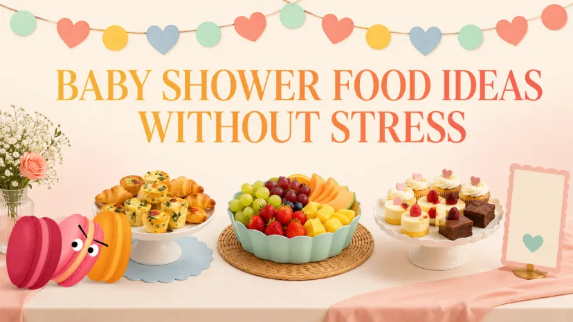 A colorful spread of pastries, fresh fruit, cupcakes, and brownies providing perfect baby shower food ideas.