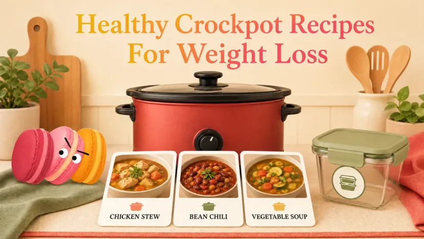 Infographic cards illustrating three healthy crockpot recipes for weight loss beside a slow cooker.