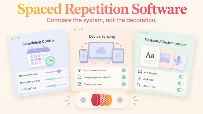 Spaced Repetition Software: Compare the Right Features Three flashcard interfaces compare scheduling, syncing, and control in spaced repetition software.