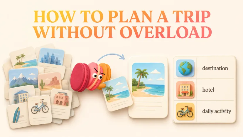 Cute macaron characters demonstrating how to plan a trip using destination, calendar, and budget icons.