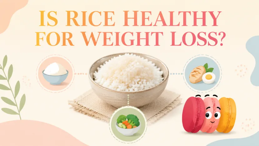  bowl of white rice surrounded by protein and vegetable icons evaluating is rice healthy for weight loss.