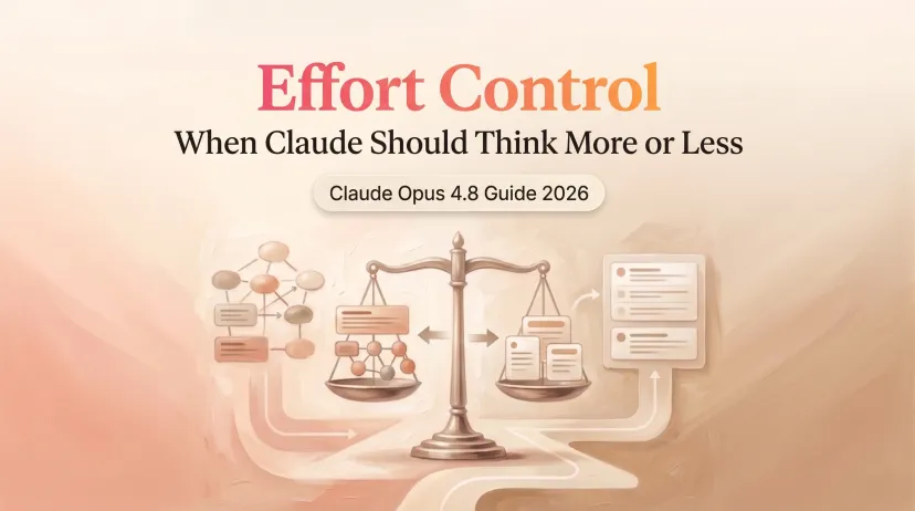 Conceptual illustration showing Claude Opus 4.8 effort control with a balance scale comparing complexity and simplicity.