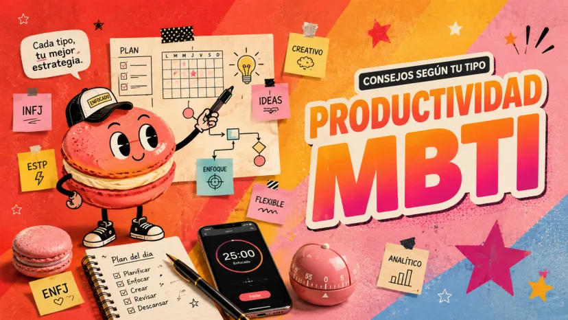 Infografía principal ilustrada con un personaje macarrón organizando un plan diario rodeado de notas con tipos MBTI y herramientas de gestión del tiempo.