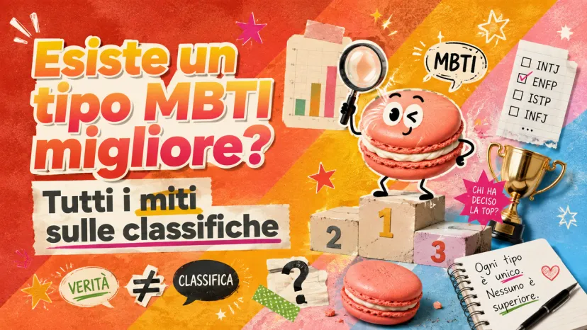 Esiste un Tipo MBTI Migliore? Miti e Verità sulle Classifiche Copertina sul mito del tipo MBTI migliore con podio, macaron e quaderno di riflessione.