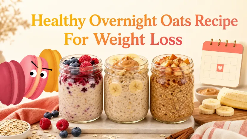 Three mason jars filled with a healthy overnight oats recipe for weight loss alongside a calendar.