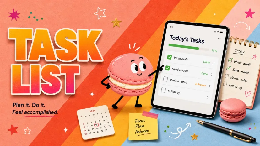 Colorful Digital Task List Template with Macaron Mascot A fun, colorful digital task list template displayed on a tablet, featuring a smiling macaron character and calendar.