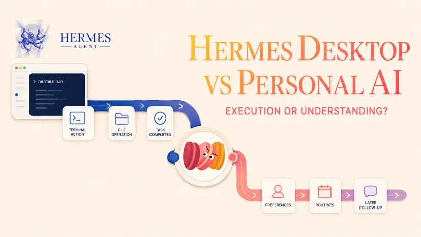 A banner comparing task execution and personal context in hermes desktop vs personal ai.