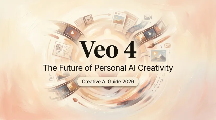Veo 4 artistic promotional image highlighting the future of personal AI creativity with swirling film strips, creative tools, and artistic icons for the 2026 Creative AI Guide.