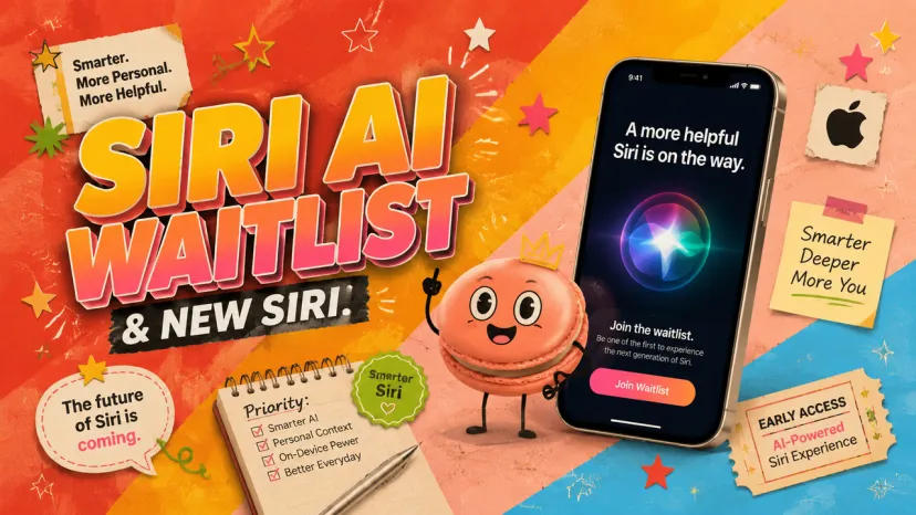 Graphic promoting the Siri AI waitlist. Features a smartphone with a join button for early access to the smarter new Siri.