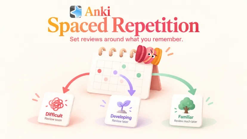 Anki spaced repetition cards and a review calendar show focused scheduling with the official Anki mark.