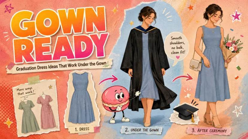 Illustration of graduation dress ideas showing a blue dress worn under a black gown and styled for after the event.