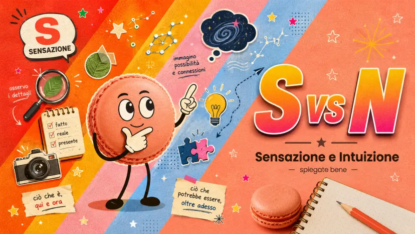 Sensazione vs Intuizione nel Tipo MBTI (S vs N) Grafica sul tipo MBTI che spiega la differenza tra Sensazione (S) e Intuizione (N) nei processi mentali.