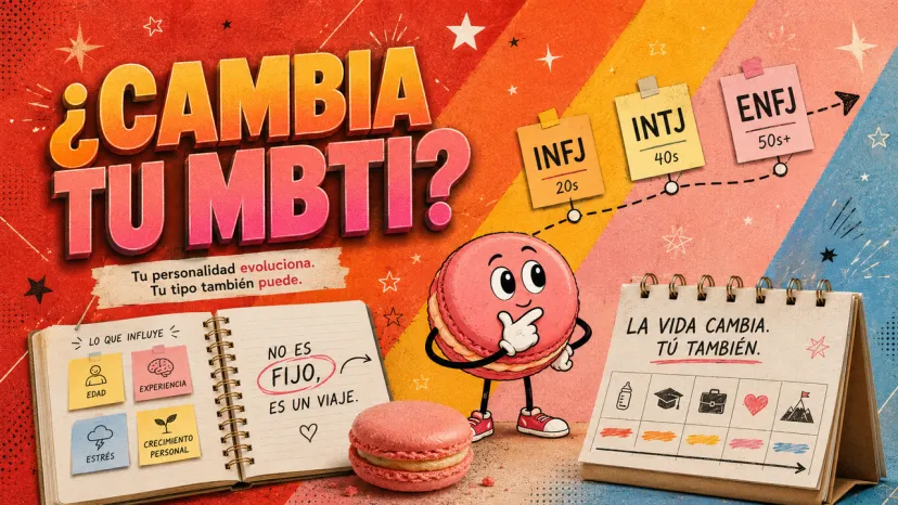 Infografía sobre la evolución del tipo MBTI a lo largo de la vida por factores como edad, experiencia y estrés.