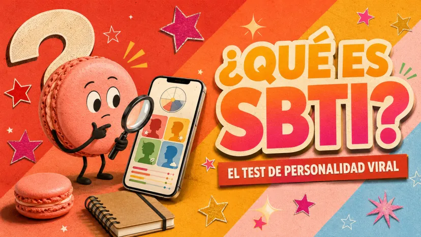 Ilustración 3D de un macaron con lupa descubriendo qué es el Test SBTI, el test de personalidad viral en un celular.