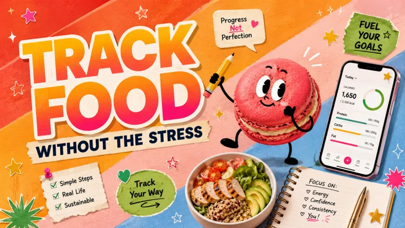 Colorful guide on how to track food without making it stressful, featuring a healthy bowl, a tracking app, and tips.